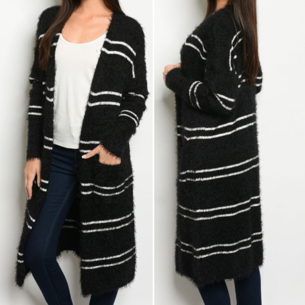 - FUZZY BLACK & WHITE STRIPED CARDIGAN